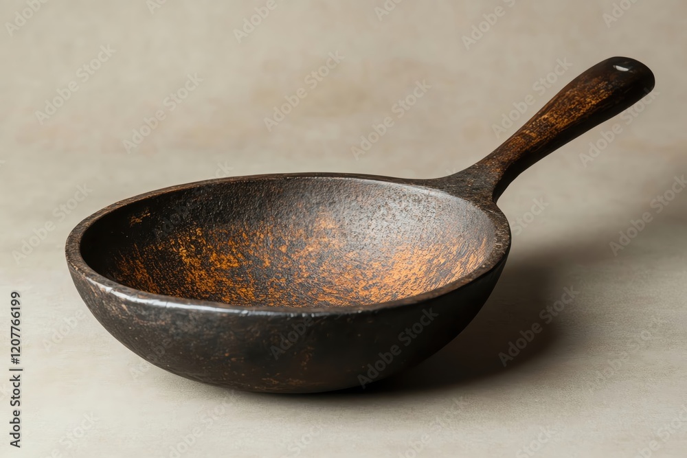 Rustic frying pan with a wooden handle on a neutral background. Rustic frying pan with a wooden handle on a neutral background.