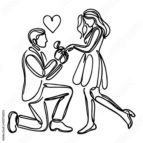 Loving man on one knee holding open ring box proposing to his girlfriend, continuous line art. vector illustration