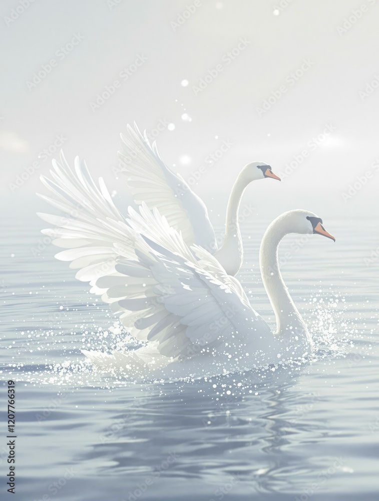 Obraz premium Artistic composition featuring swan and goose in pursuit, scenic backdrop, beauty in nature