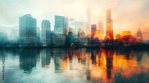 Futuristic Cityscape with Vibrant Reflections and Double Exposure Effect 10
