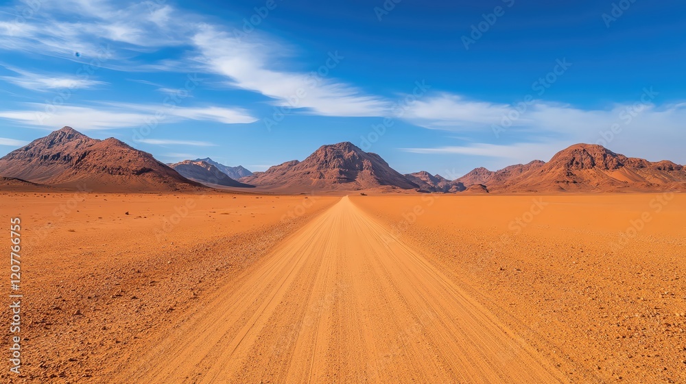 Scenic desert pathway leading towards distant mountains under a clear blue sky. Scenic desert pathway leading towards distant mountains under a clear blue sky.