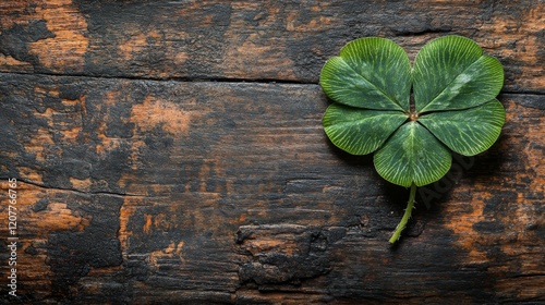 Unique clover plant grows on weathered wooden surface with soft glowing backg...