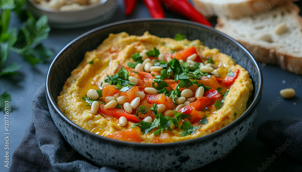 Hummus in a bowl with vegetables (red pepper) pine nuts and bread, close-up, horizontal Hummus in a bowl with vegetables (red pepper) pine nuts and bread, close-up, horizontal