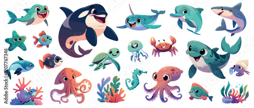 Cartoon sea animals. Ocean wildlife shark turtle octopus jellyfish crab dolphin whale fish and squid narwhal set vector illustration