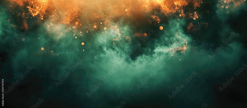 Obraz premium Colorful Abstract Background with Green and Orange Bokeh Effects and Dark Textured Space for Custom Text Placement