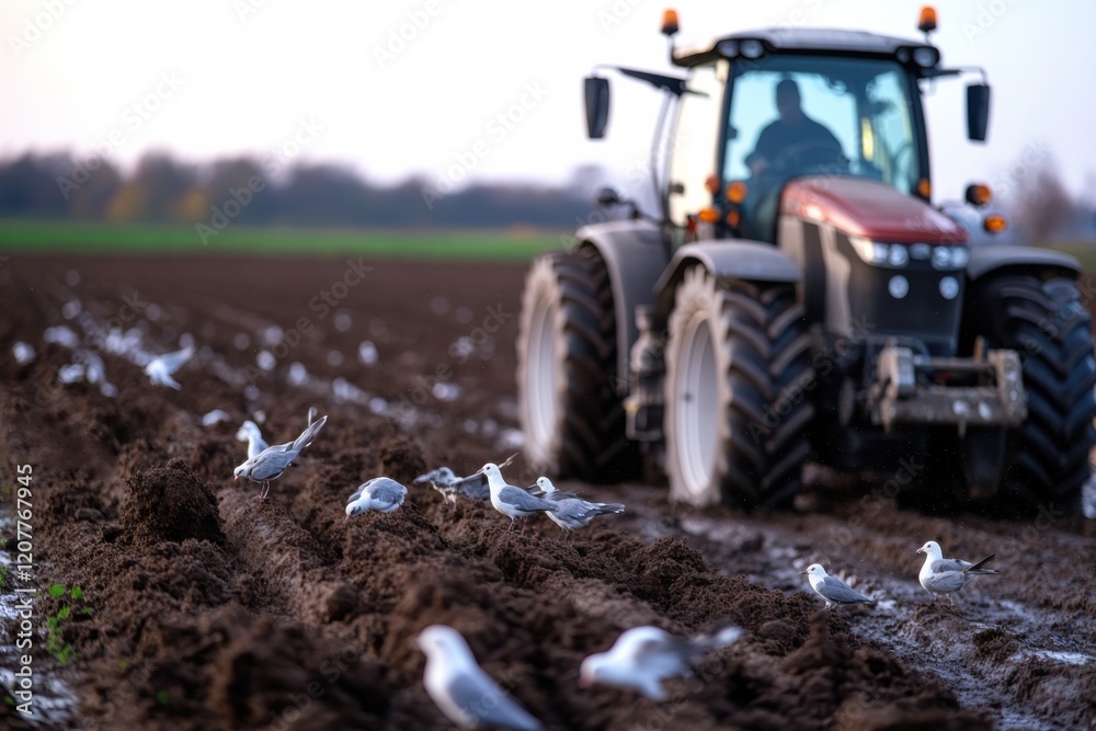 A farmer drives a tractor through a vast field filled with birds, reflecting the daily routine and connection between agriculture and wildlife in harmony. A farmer drives a tractor through a vast field filled with birds, reflecting the daily routine and connection between agriculture and wildlife in harmony.
