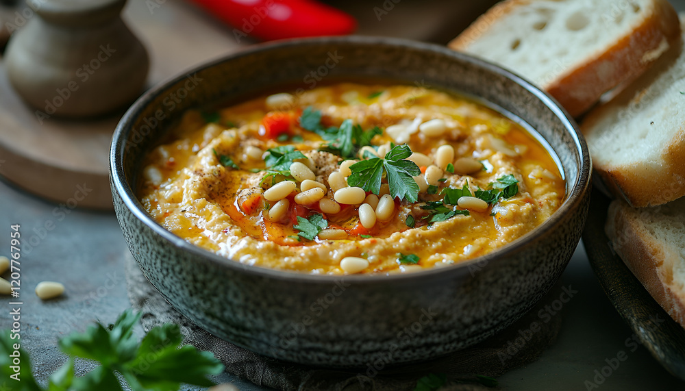 Hummus in a bowl with vegetables (red pepper) pine nuts and bread, close-up, horizontal Hummus in a bowl with vegetables (red pepper) pine nuts and bread, close-up, horizontal