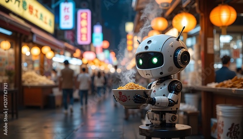 Wallpaper Mural Cute Robot Enjoying Noodles in a Vibrant Night Market Torontodigital.ca
