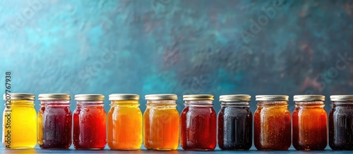 Assorted colorful glass jars of jams and marmalades arranged horizontally on a rustic wooden surface with a dark gradient background and empty space for text photo