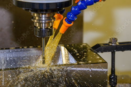 The CNC milling machine finishing cut the mold parts with oil coolant method.