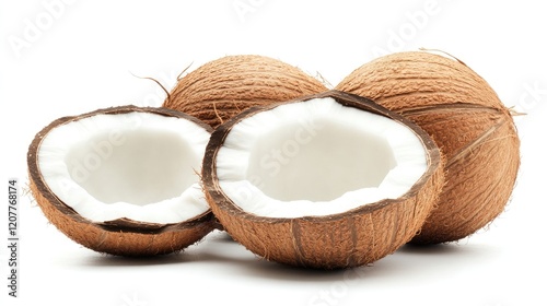 Halved coconuts showcasing their interior texture and fresh white flesh on a clean white background for culinary or tropical themes photo