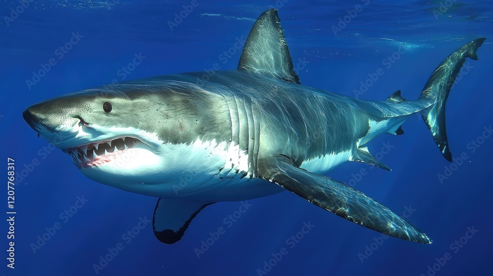Naklejka premium Great White Shark Swimming Underwater in Dynamic Hunting Pose Captured in Natural Habitat