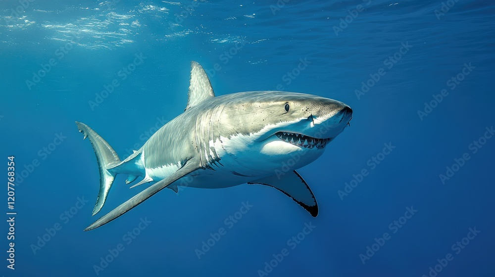 Fototapeta premium Great white shark gliding gracefully through the pristine blue waters of the ocean illustrating marine majesty and underwater beauty
