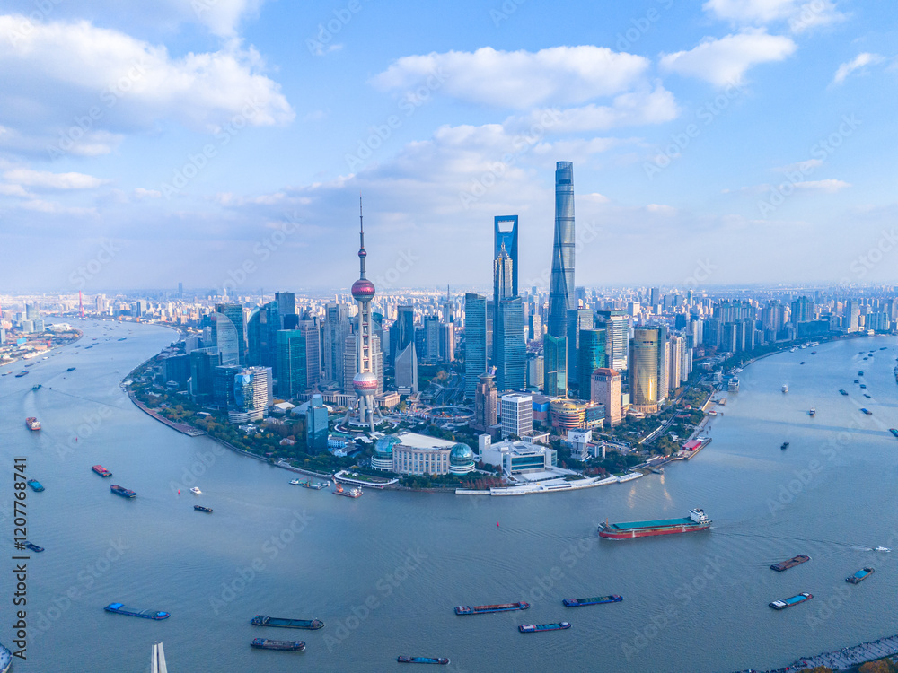 Fototapeta premium Aerial View of Shanghai skyline with Huangpu river