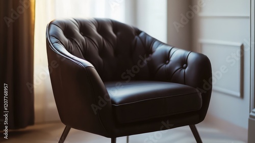 Elegant dark brown tufted armchair positioned beside a window with soft natural light illuminating the roomâ€™s modern design elements. photo