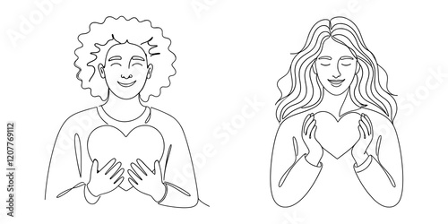 Line art of happy teen boy and girl holding heart with smiling, symbolizing love and care. vector illustration