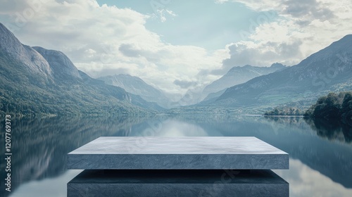 Serene gray stone podium floating over tranquil river with majestic mountains and sky backdrop Perfect for showcasing products and visual concepts