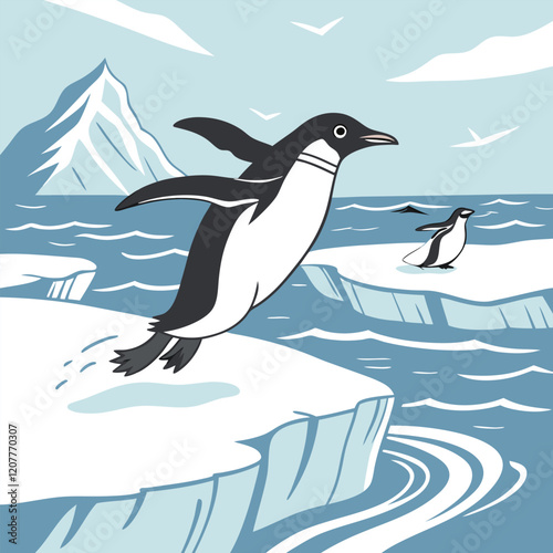 Adelie Penguin Jumping Between Two Ice Floes in the Antarctic
