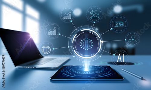 AI ethics or AI globalization concept. Laptop and tablet with ai ethics icon on virtual screen for productivity, technology, standard and business policy