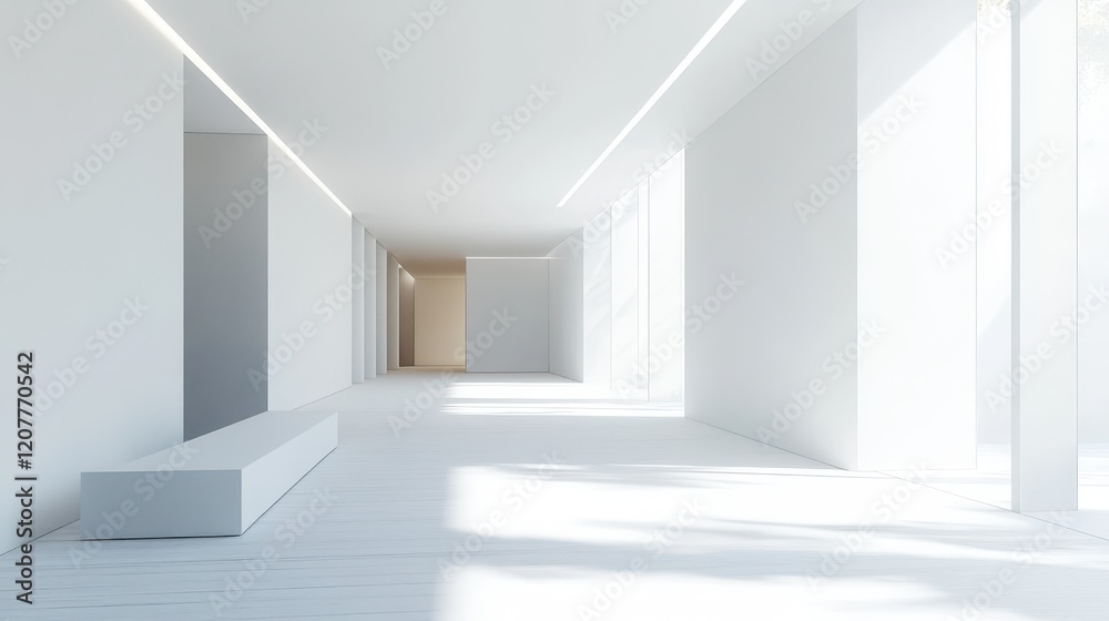 Obraz premium The white art gallery interior features a minimalist design with mock-up posters displayed on the walls.