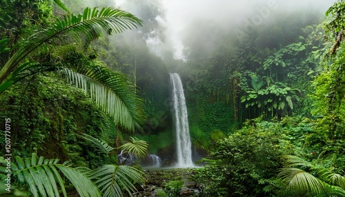 lush tropical rainforest with waterfall and vibrant plants beneath misty green canopy photo