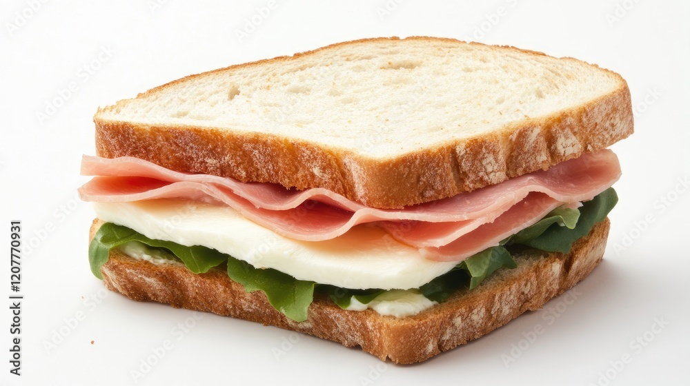 Ham and mozzarella sandwich with fresh greens on rustic bread against a clean background Ham and mozzarella sandwich with fresh greens on rustic bread against a clean background