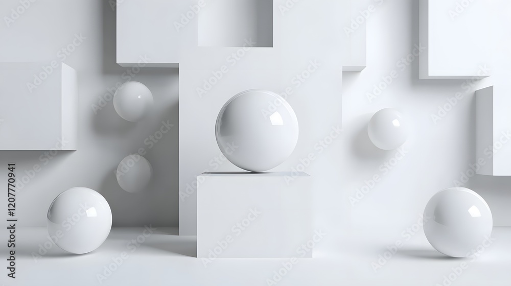 Sleek Futuristic Display of Floating Geometric Shapes and Objects Sleek Futuristic Display of Floating Geometric Shapes and Objects