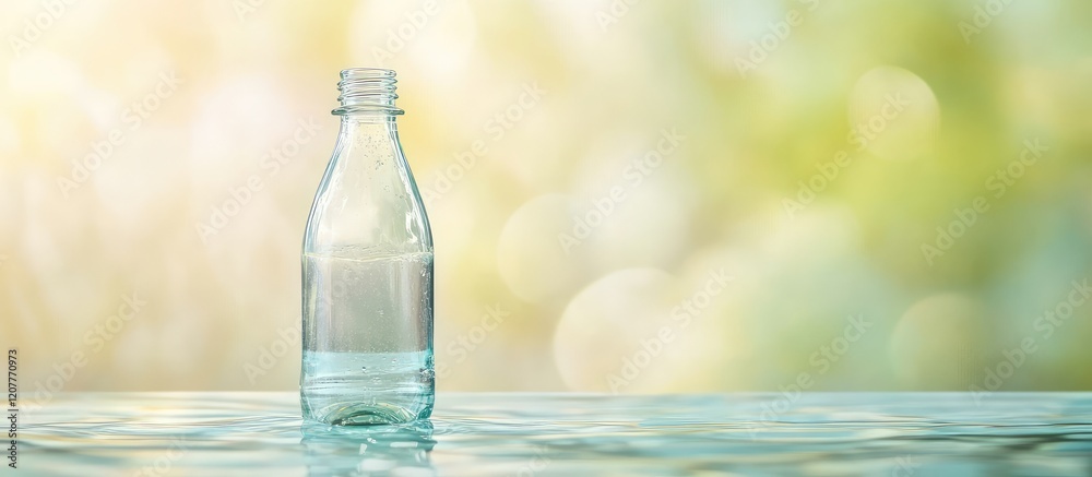 Clear Water Surface Featuring an Isolated Glass Bottle Against a Softly Zoned Background with Copy Space Available for Text Clear Water Surface Featuring an Isolated Glass Bottle Against a Softly Zoned Background with Copy Space Available for Text