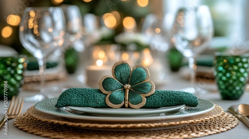 Elegant table setting with green accents for a festive celebration in a cozy ...