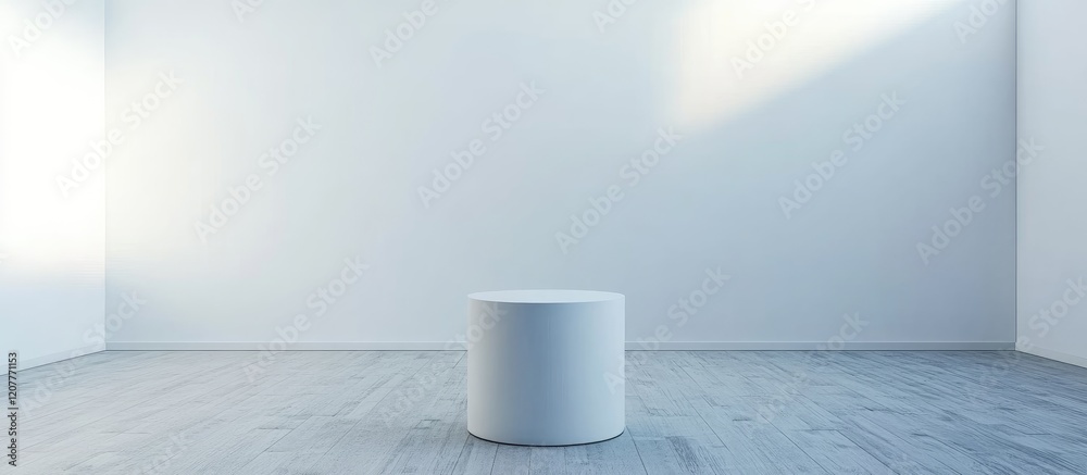 Bright minimalist living room interior featuring clean white walls and wooden flooring with an empty pedestal table in a spacious design atmosphere Bright minimalist living room interior featuring clean white walls and wooden flooring with an empty pedestal table in a spacious design atmosphere