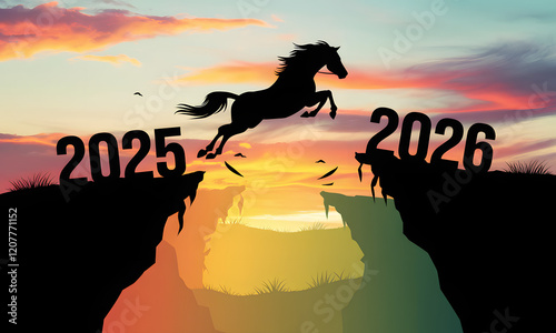 Celebrate the Year of the Horse in 2026 with bold silhouette horse illustrations. Happy Chinese new year 2026, year of horse. Horse leaping over the edge photo