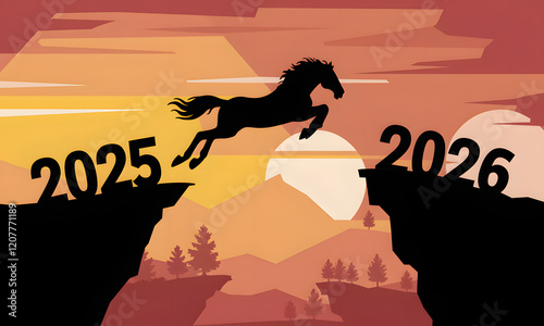Celebrate the Year of the Horse in 2026 with bold silhouette horse illustrations. Happy Chinese new year 2026, year of horse. Horse leaping over the edge