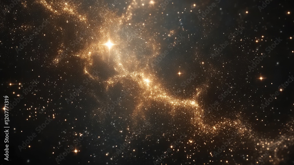 Obraz premium Majestic Dark Cosmic Landscape Featuring Twinkling Golden Stars and a Distant Colorful Galaxy in the Depths of Space