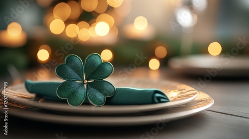 Elegant table setting with green accents for a festive celebration in a cozy ...