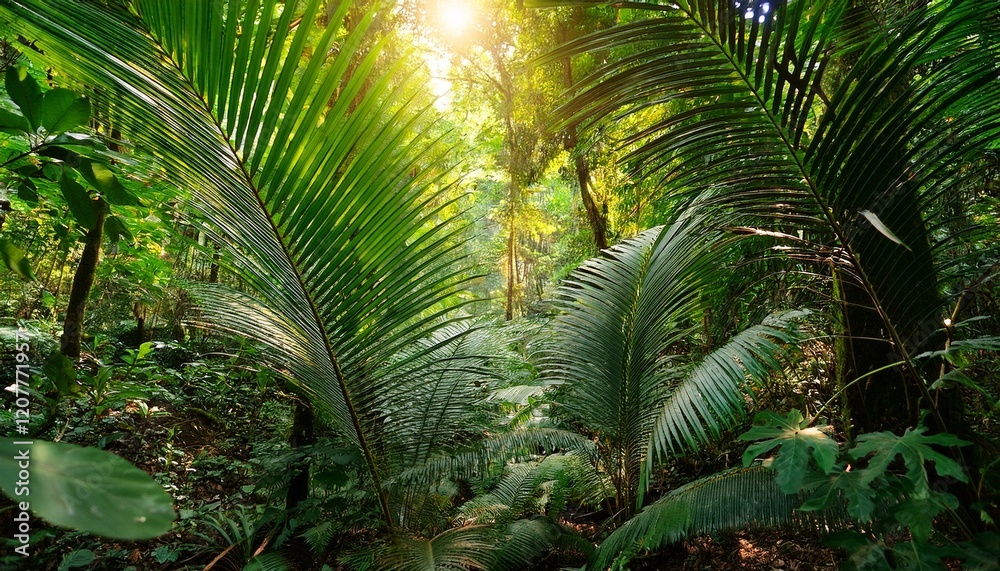 lush dense jungle with vibrant plants and sunlight streaming through the canopy lush dense jungle with vibrant plants and sunlight streaming through the canopy