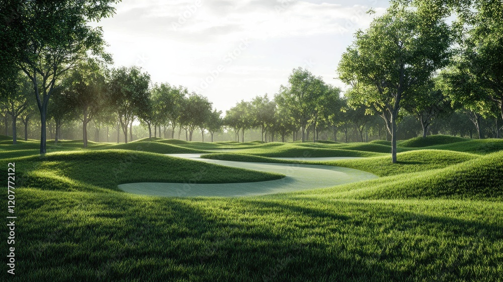 Naklejka premium Serene golf course landscape featuring lush green hills and winding water features under a clear sky and dappled sunlight