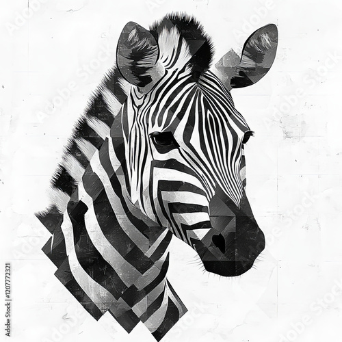 Modern zebra silhouette with geometric design, black and white zebra stripes combined with tessellated patterns like triangles and diamonds, soft gray shading adding depth, minimalist style photo