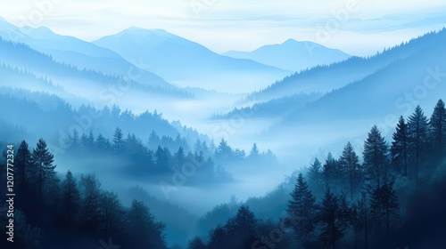 Serene Blue Foggy Mountain Landscape with Evergreen Forests under a Soft Morning Light in a Layered Atmospheric Composition