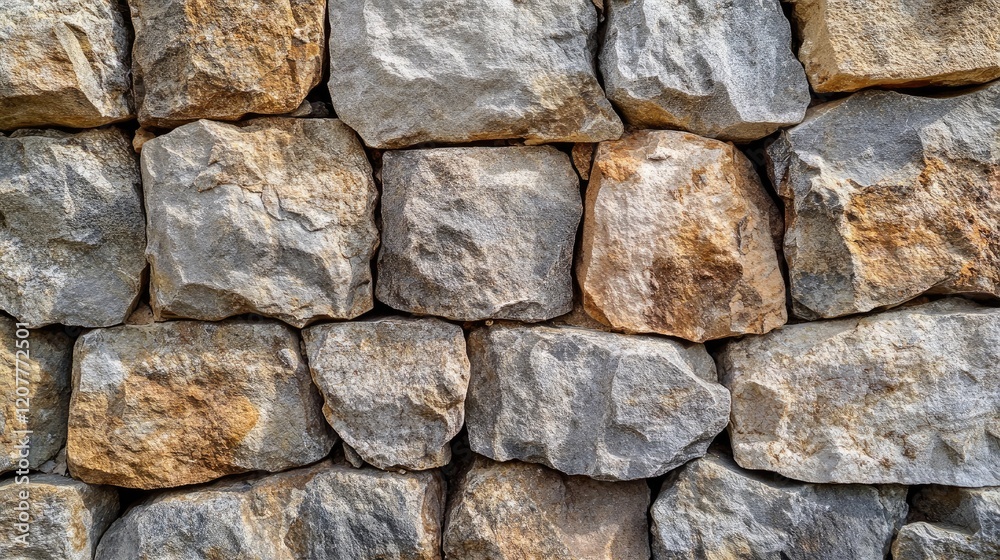 Textured Stone Wall with Rustic Grey and Brown Stones Arranged in a Neat Pattern for Architectural and Landscape Design Backgrounds