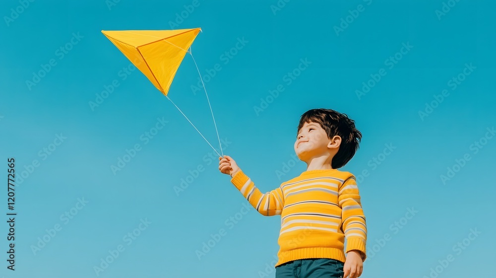 A child's delight as a vibrant yellow kite takes flight against the azure sky A child's delight as a vibrant yellow kite takes flight against the azure sky