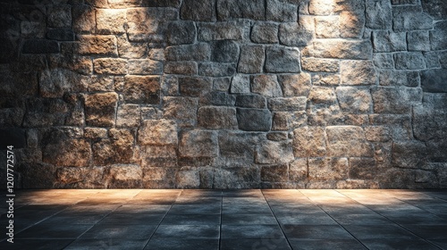 Dramatic gray stone wall with spotlight illumination creating a textured background for creative design and artistic projects photo