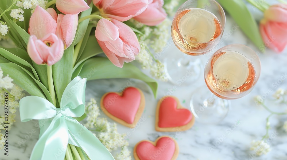 Celebrate love with red wine, heart-shaped cookies, and tulips in a serene pastel setting for a perfect Valentines Day Celebrate love with red wine, heart-shaped cookies, and tulips in a serene pastel setting for a perfect Valentines Day