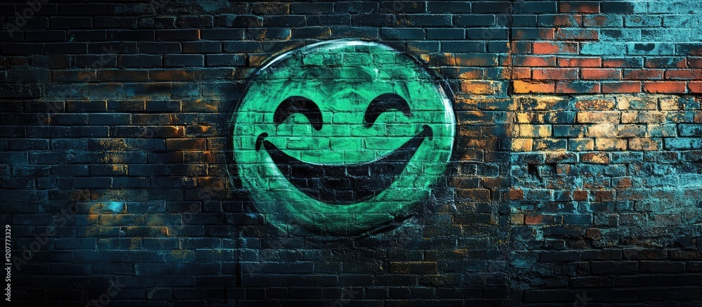Green Glowing Graffiti Emoticon Smiling on Dark Brick Wall with Vibrant Colors and Empty Space for Custom Text or Branding Green Glowing Graffiti Emoticon Smiling on Dark Brick Wall with Vibrant Colors and Empty Space for Custom Text or Branding