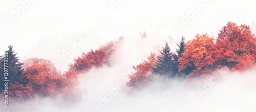 Misty autumn forest landscape with vibrant foliage and fog creating a serene fantasy atmosphere ideal for text overlay and nature themes