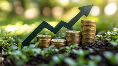 Growth of investment illustrated by coins and upward arrow amidst green plant...