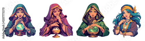 Fortune teller. Mystical cartoon woman with a crystal ball, supernatural astrology magic, future predicting gypsy set vector illustration