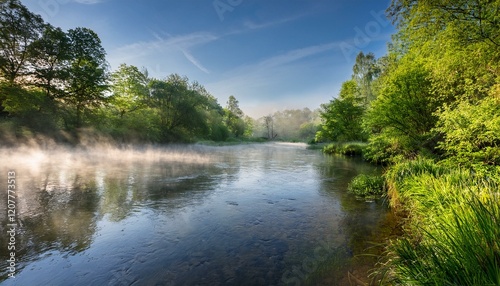 serene riverbank landscape surrounded by lush green plants with gentle evaporation effects