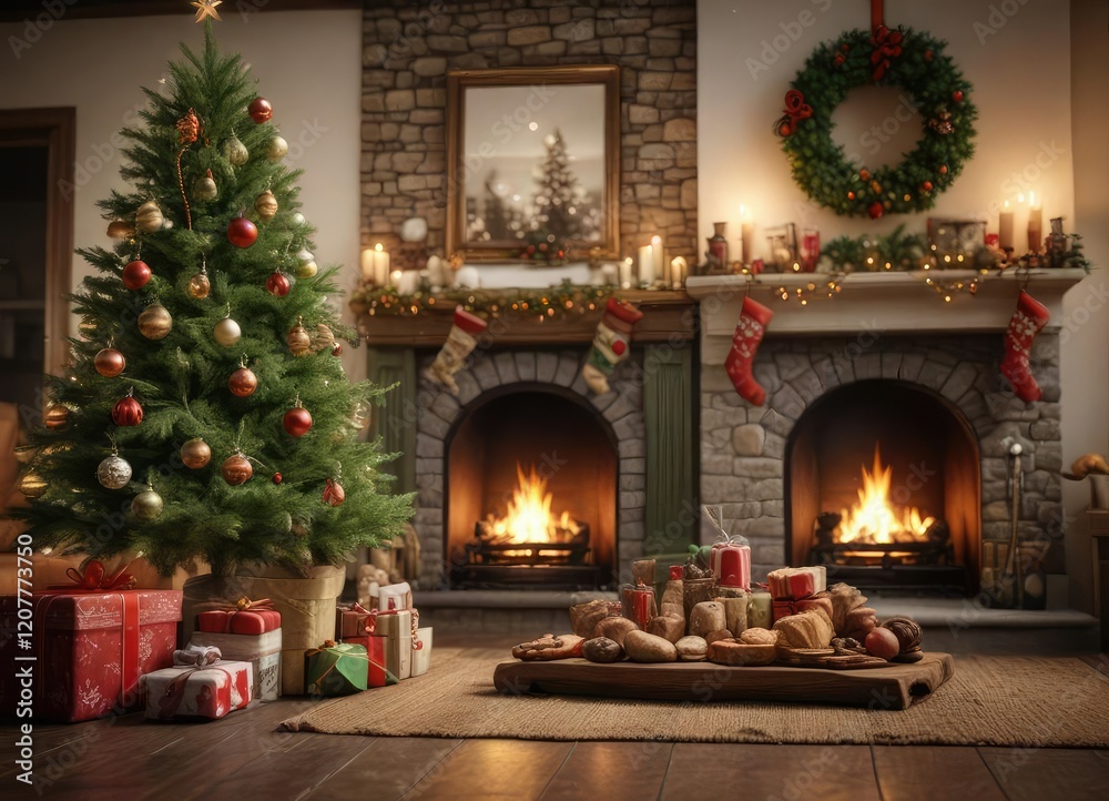 Christmas tree and festive treats by the fireplace, christmas tree, cozy atmosphere, warm glow Christmas tree and festive treats by the fireplace, christmas tree, cozy atmosphere, warm glow