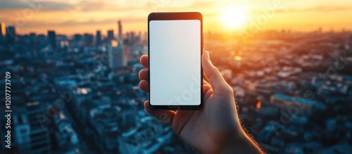 Hand holding blank screen smartphone against vibrant sunset cityscape skyline in warm orange and cool blue tones high angle view photo