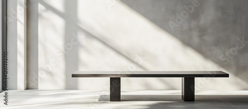 Modern minimalist rectangular dining table in matte finish casting shadows in bright interior space with neutral gray walls and soft natural light